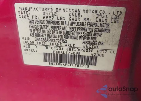 2012 Nissan Sentra 2.0 Sr z USA, uszkodzony, nr VIN 3N1AB6AP6CL728753